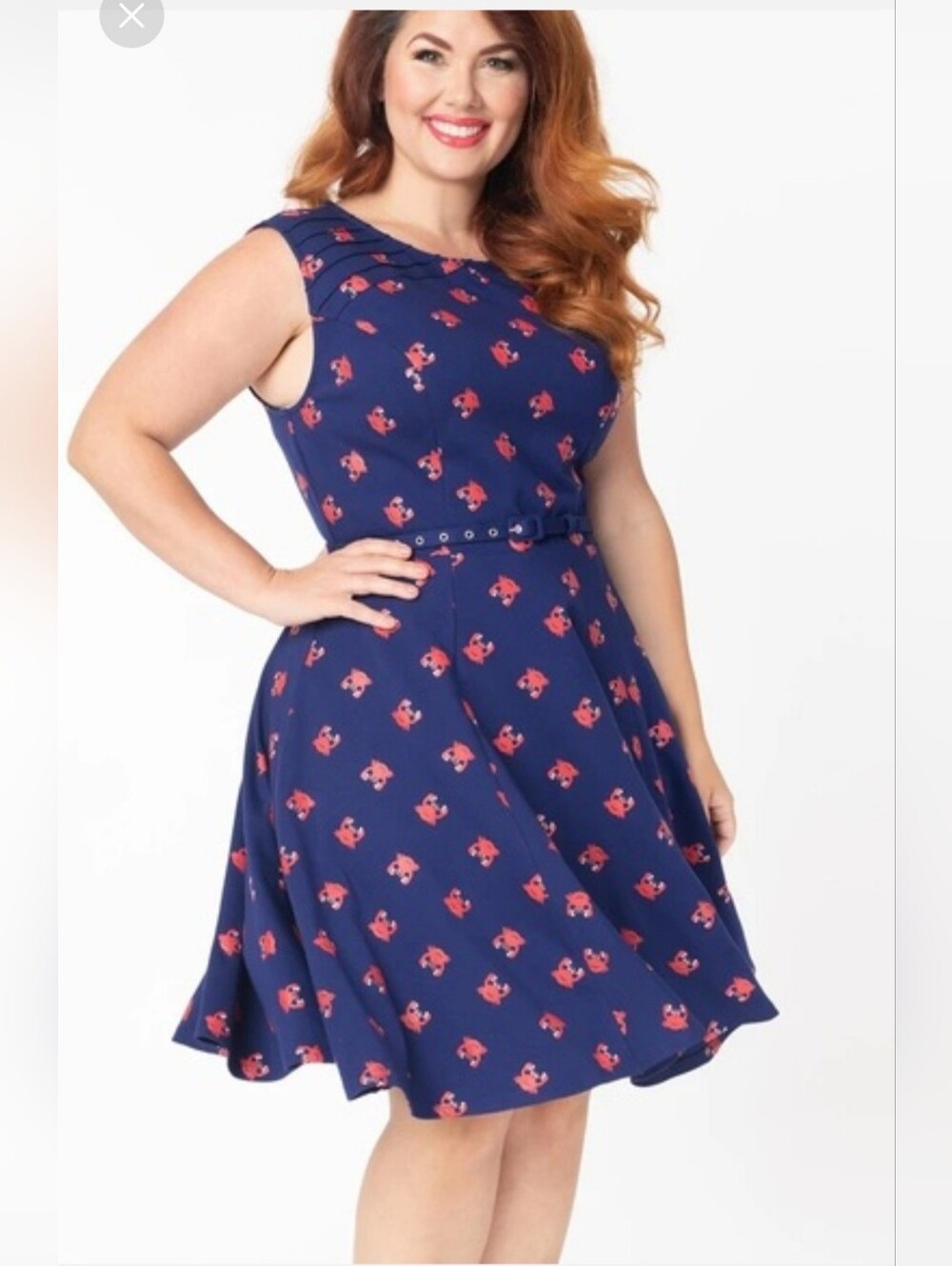 Unique Vintage Navy Crab Print Fit-and-Flare Dress with Belt